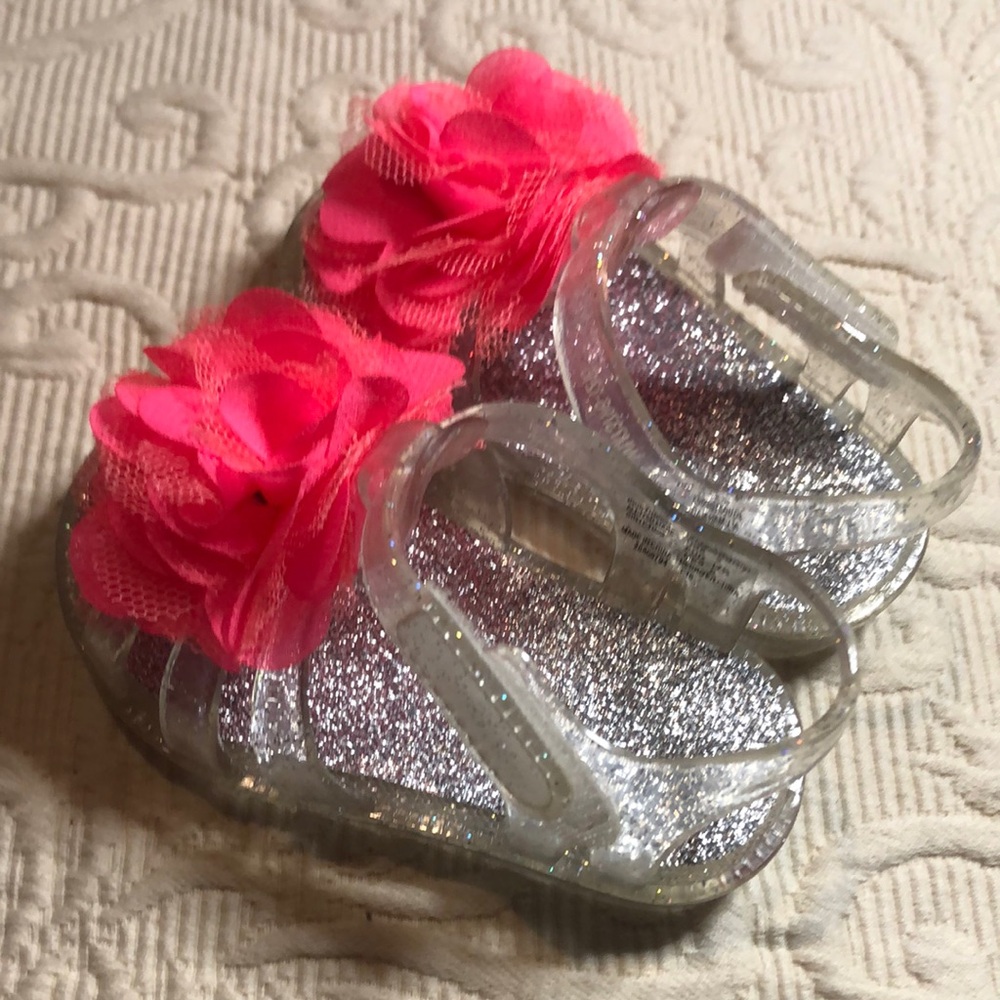 Kids Glitter spring Easter floral jelly Sandals with Pink Flower accent